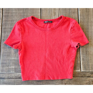Zara Crop‎ Top Womens Small Red Short Sleeve Stretch Knit Basic Crew Shirt Tee